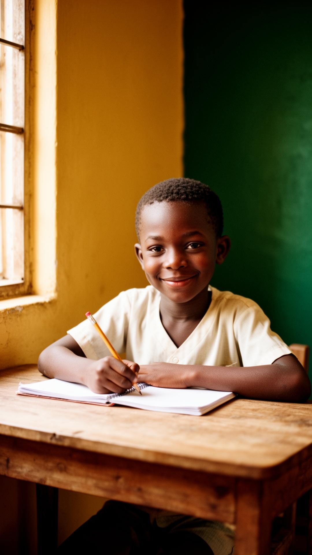 A Nigerian primary-school boy smiling while writing in his notebook by a sunlit window